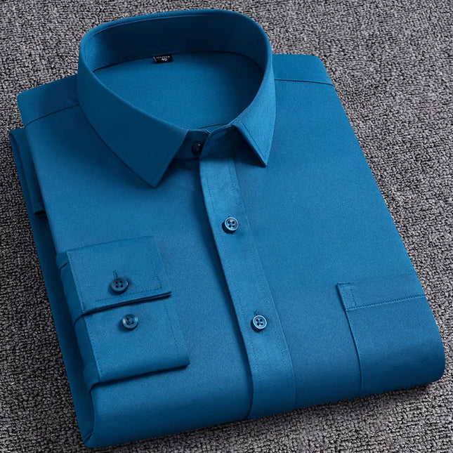 Men's Slim Fit Long Sleeve Autumn Shirt - Anti-Wrinkle, Solid Colors