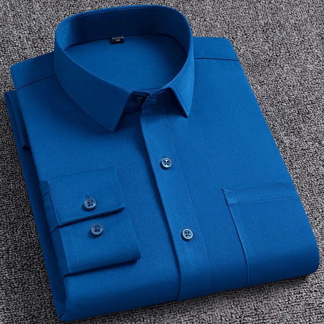 Men's Slim Fit Long Sleeve Autumn Shirt - Anti-Wrinkle, Solid Colors