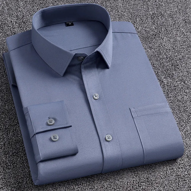 Men's Slim Fit Long Sleeve Autumn Shirt - Anti-Wrinkle, Solid Colors