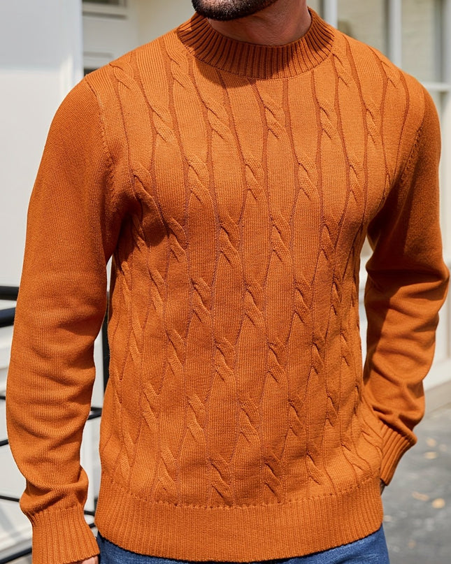 Men's Solid Color Cable Knit Sweater - Regular Fit, Long Sleeve