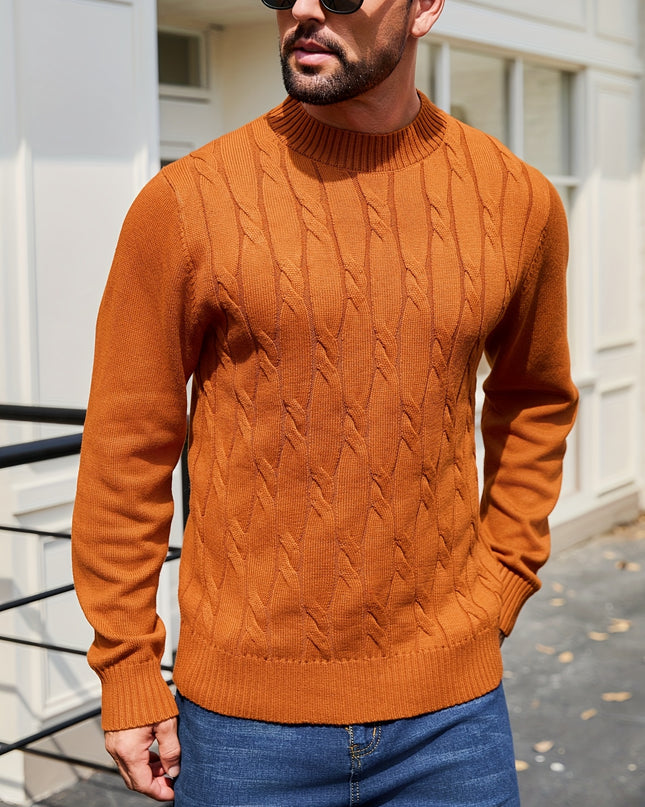 Men's Solid Color Cable Knit Sweater - Regular Fit, Long Sleeve