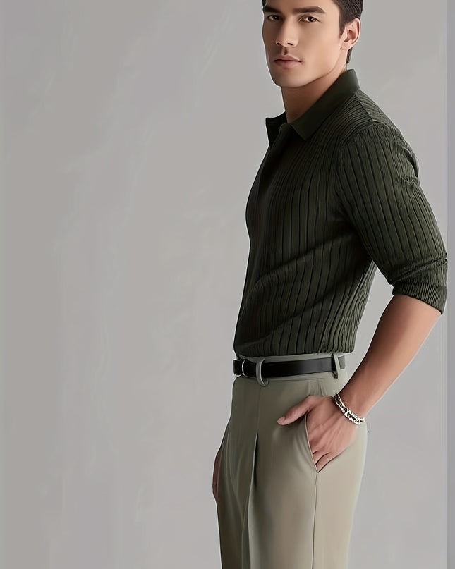 Men's Solid Color Lapel Knit Pullover Sweater - Casual Style
