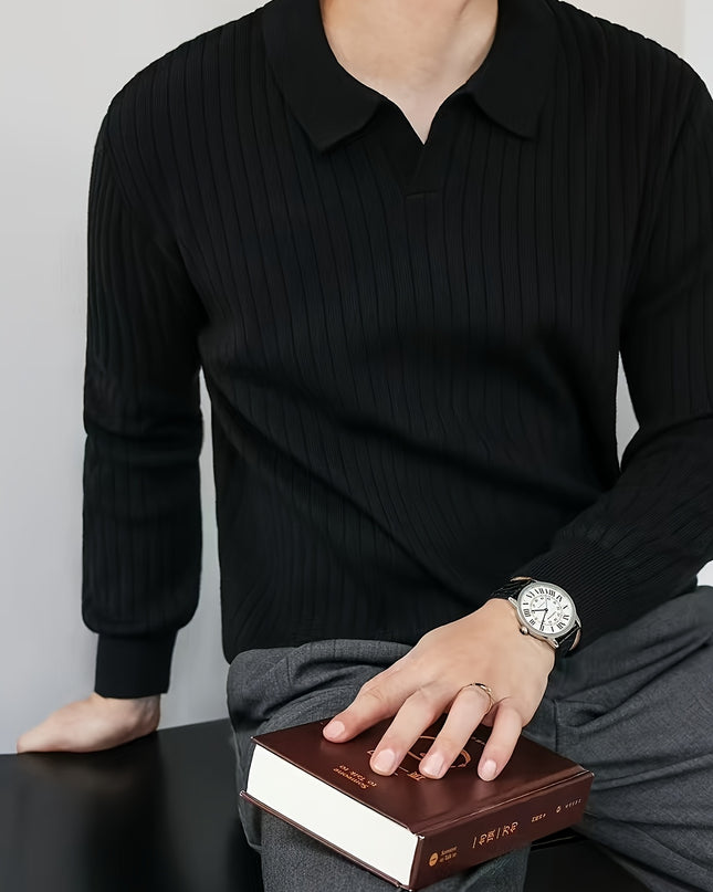 Men's Solid Color Lapel Knit Pullover Sweater - Casual Style