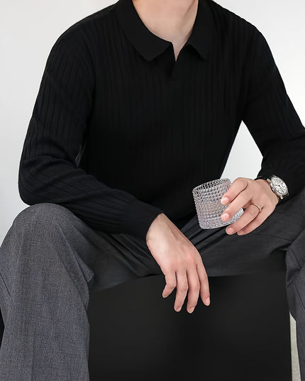 Men's Solid Color Lapel Knit Pullover Sweater - Casual Style