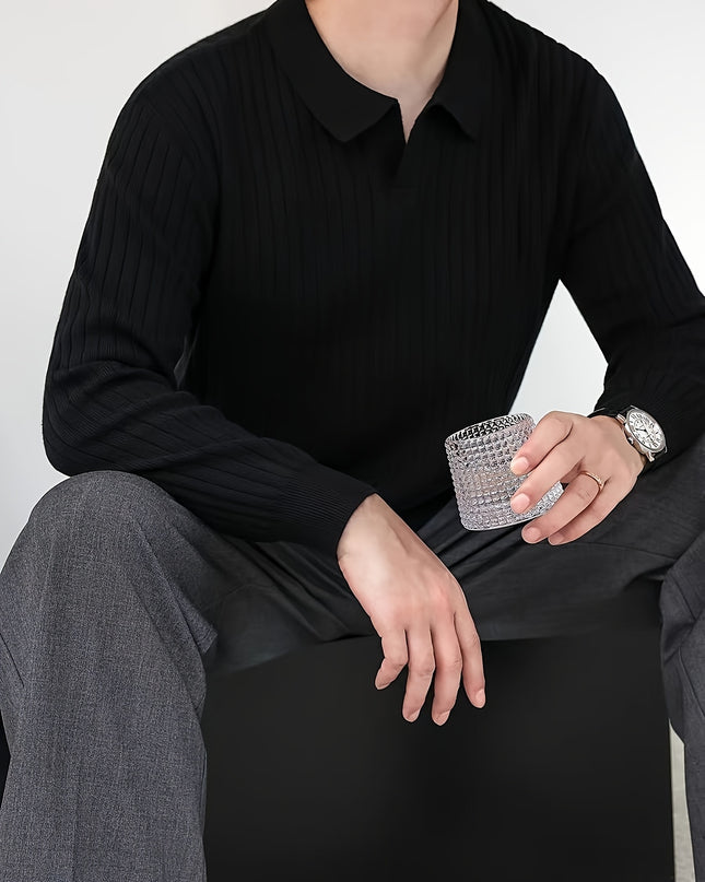 Men's Solid Color Lapel Knit Pullover Sweater - Casual Style