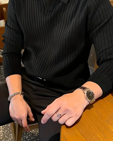 Men's Solid Color Lapel Knit Pullover Sweater - Casual Style