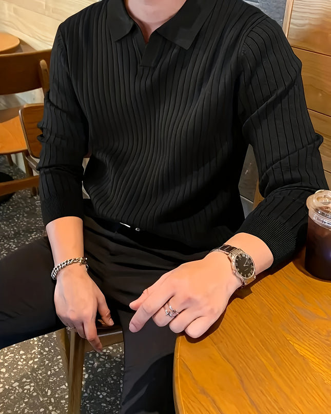 Men's Solid Color Lapel Knit Pullover Sweater - Casual Style