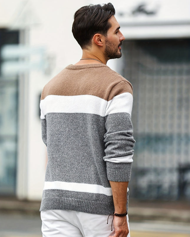 Men's Striped Knit Pullover - Casual Long Sleeve Sweater