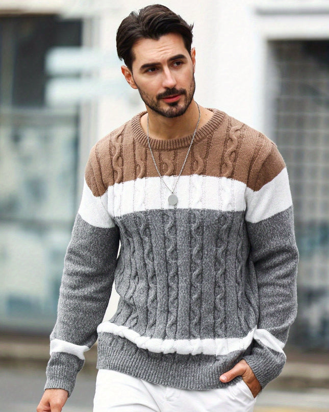 Men's Striped Knit Pullover - Casual Long Sleeve Sweater