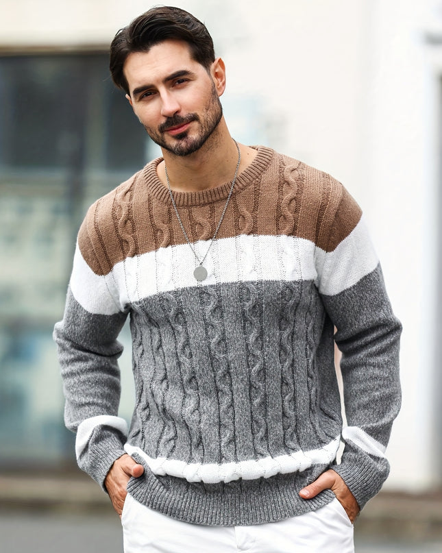 Men's Striped Knit Pullover - Casual Long Sleeve Sweater
