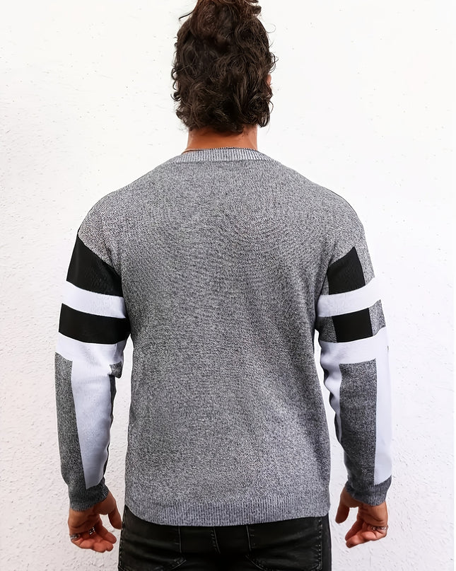 Men's Striped Knit Sweater - Black & White Crew Neck Pullover