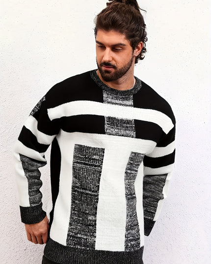 Men's Striped Knit Sweater - Black & White Crew Neck Pullover