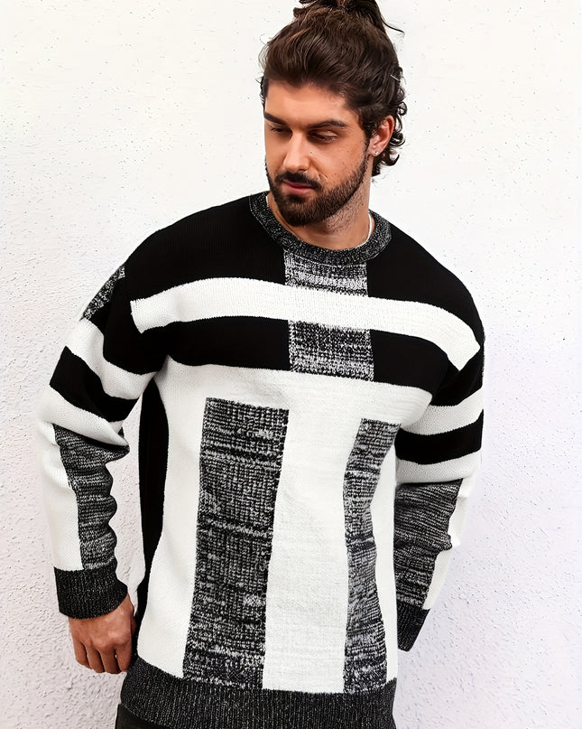 Men's Striped Knit Sweater - Black & White Crew Neck Pullover