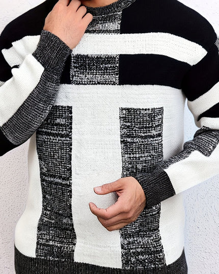 Men's Striped Knit Sweater - Black & White Crew Neck Pullover