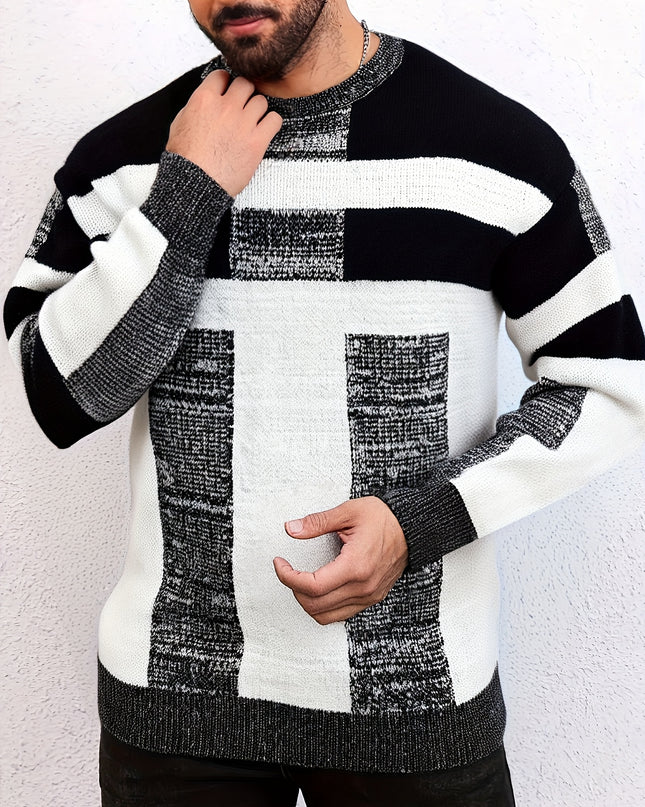 Men's Striped Knit Sweater - Black & White Crew Neck Pullover