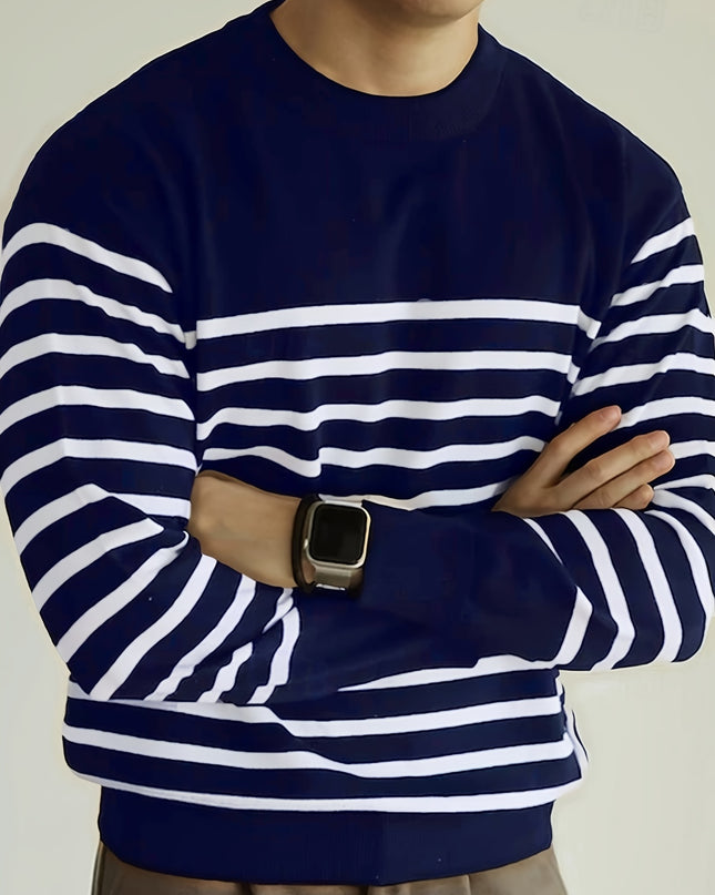 Men's Striped Sweater - Casual Long Sleeve Knit Crew Neck