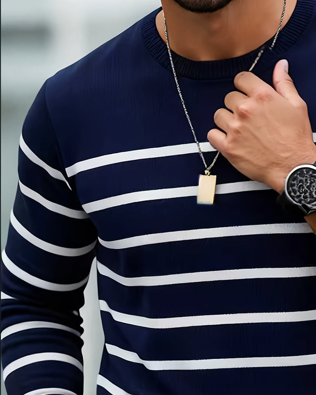 Men's Striped Sweater - Casual Long Sleeve Knit Crew Neck