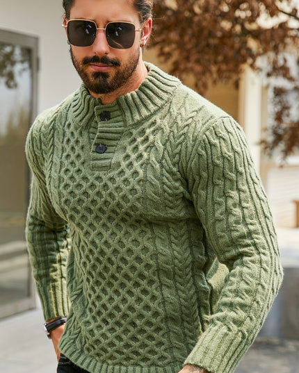 Men's Thermal Cable Knit Sweater - Striped, Stand Collar Design