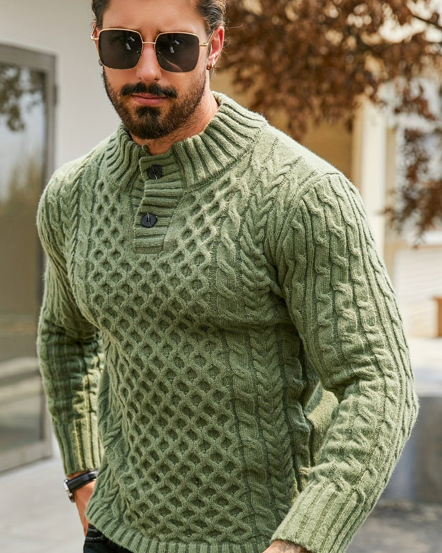 Men's Thermal Cable Knit Sweater - Striped, Stand Collar Design