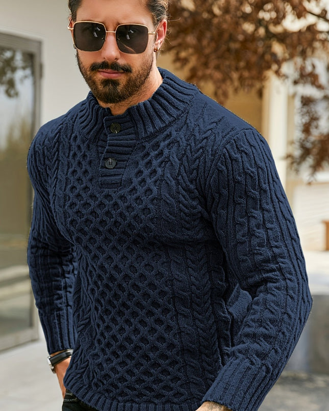 Men's Thermal Cable Knit Sweater - Striped, Stand Collar Design