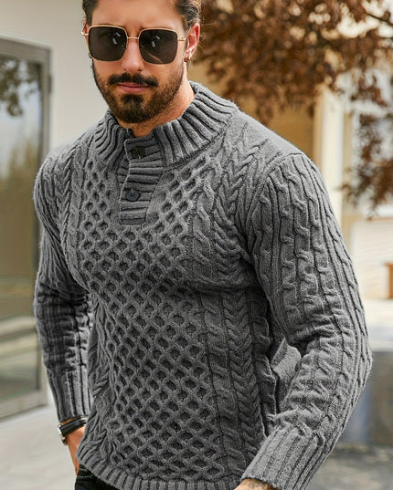 Men's Thermal Cable Knit Sweater - Striped, Stand Collar Design