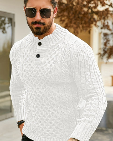 Men's Thermal Cable Knit Sweater - Striped, Stand Collar Design