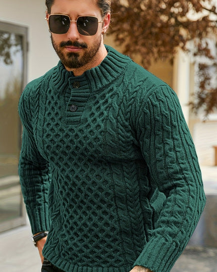 Men's Thermal Cable Knit Sweater - Striped, Stand Collar Design
