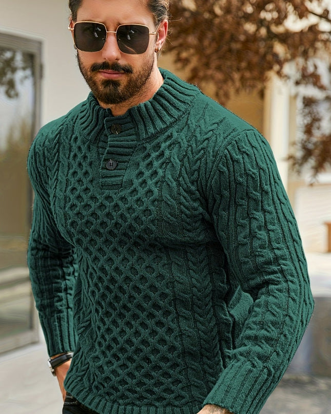 Men's Thermal Cable Knit Sweater - Striped, Stand Collar Design