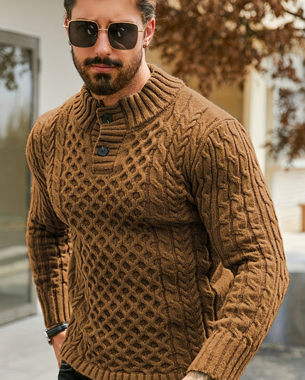 Men's Thermal Cable Knit Sweater - Striped, Stand Collar Design