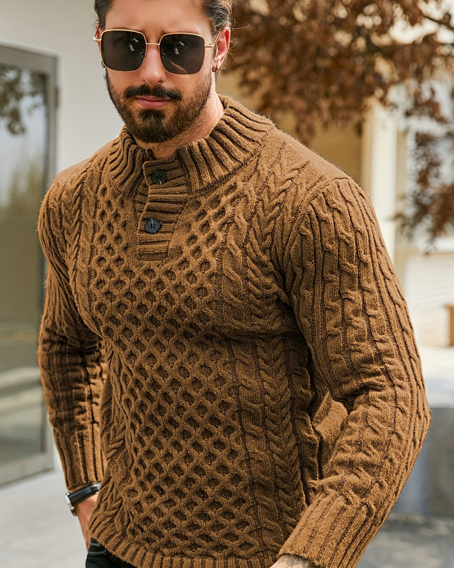 Men's Thermal Cable Knit Sweater - Striped, Stand Collar Design