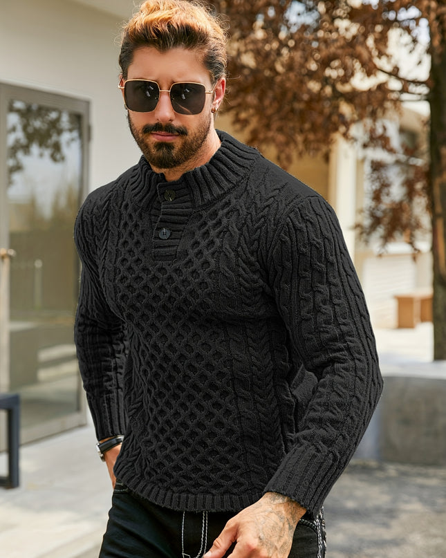 Men's Thermal Cable Knit Sweater - Striped, Stand Collar Design