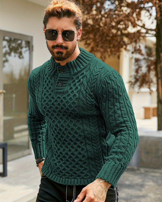 Men's Thermal Cable Knit Sweater - Striped, Stand Collar Design