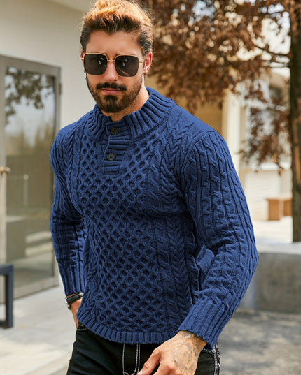 Men's Thermal Cable Knit Sweater - Striped, Stand Collar Design
