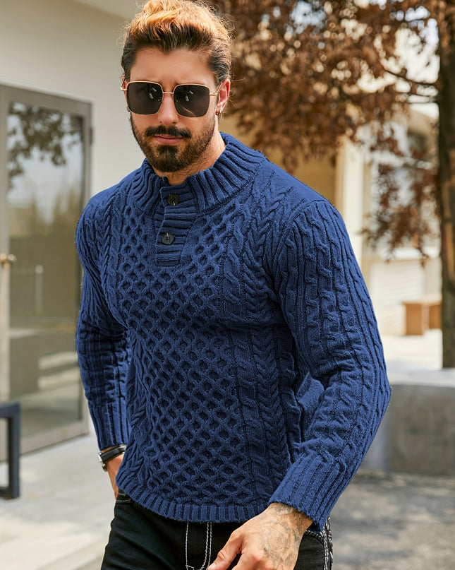 Men's Thermal Cable Knit Sweater - Striped, Stand Collar Design