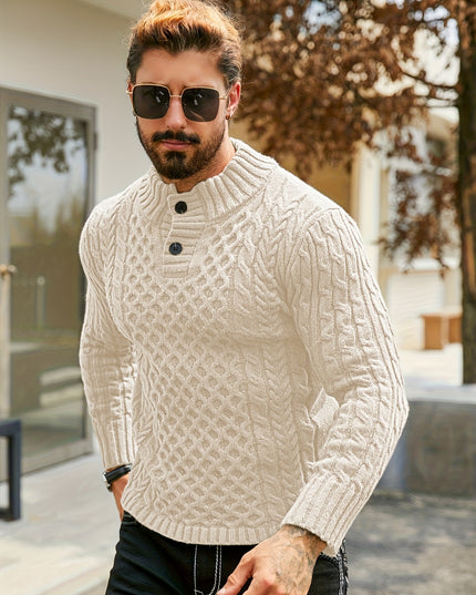 Men's Thermal Cable Knit Sweater - Striped, Stand Collar Design