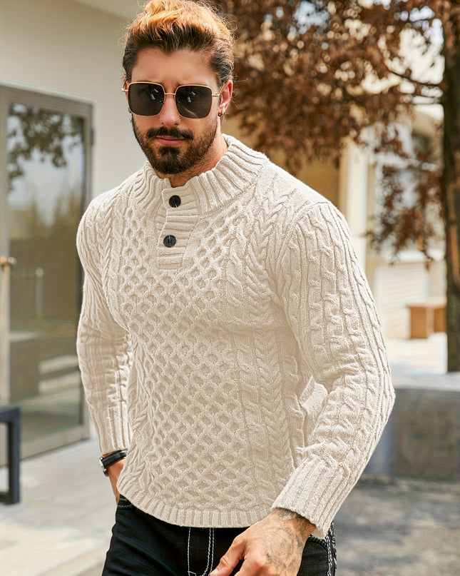 Men's Thermal Cable Knit Sweater - Striped, Stand Collar Design