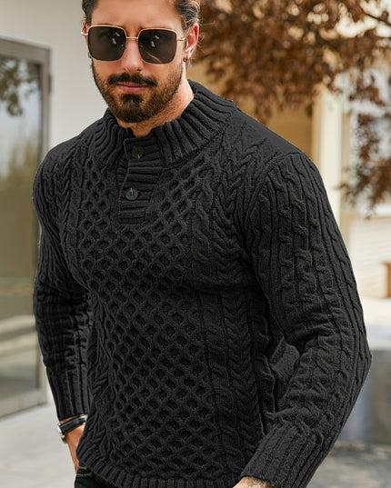 Men's Thermal Cable Knit Sweater - Striped, Stand Collar Design
