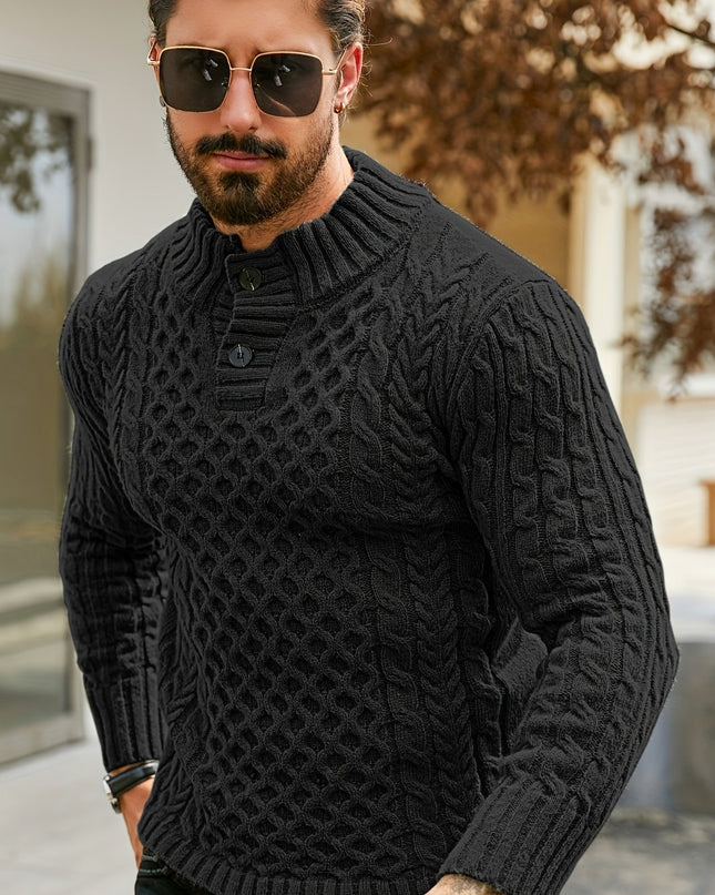 Men's Thermal Cable Knit Sweater - Striped, Stand Collar Design