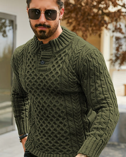 Men's Thermal Cable Knit Sweater - Striped, Stand Collar Design