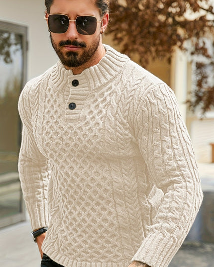 Men's Thermal Cable Knit Sweater - Striped, Stand Collar Design