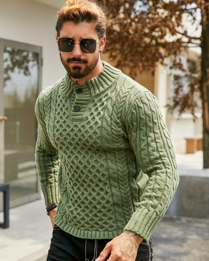 Men's Thermal Cable Knit Sweater - Striped, Stand Collar Design