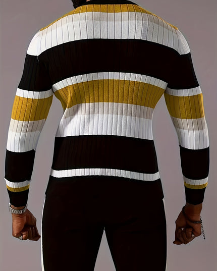 Men's Thermal Knit Sweater - Black & Golden Stripes, 1/4 Zip