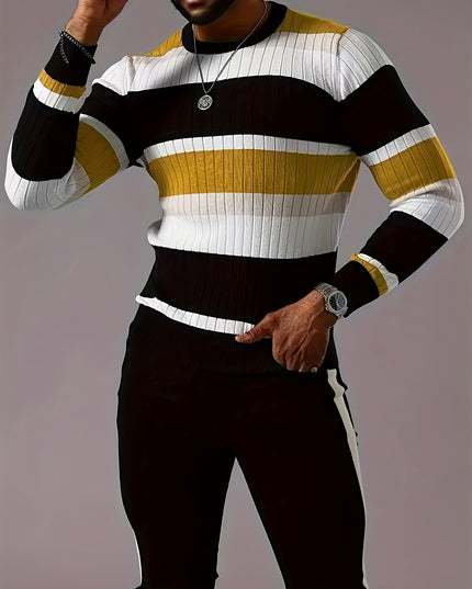 Men's Thermal Knit Sweater - Black & Golden Stripes, 1/4 Zip