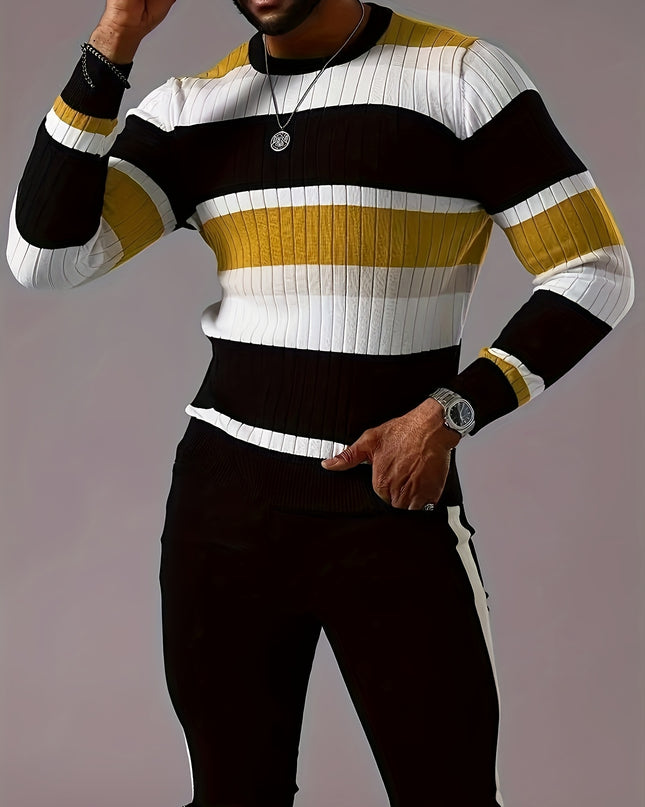 Men's Thermal Knit Sweater - Black & Golden Stripes, 1/4 Zip
