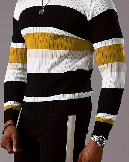 Men's Thermal Knit Sweater - Black & Golden Stripes, 1/4 Zip