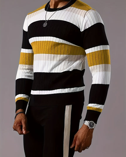 Men's Thermal Knit Sweater - Black & Golden Stripes, 1/4 Zip