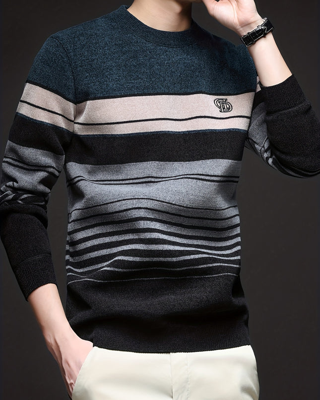 Men's Thick Fleece Sweater - Round Neck, Striped Knit Top