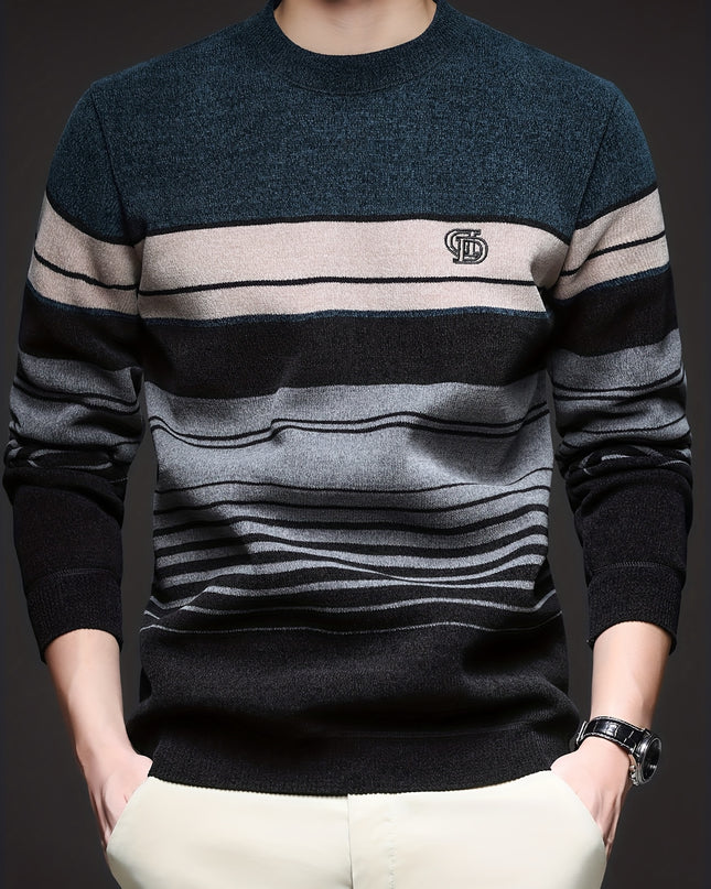 Men's Thick Fleece Sweater - Round Neck, Striped Knit Top