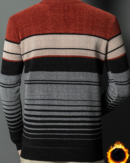 Men's Thick Fleece Sweater - Round Neck, Striped Knit Top