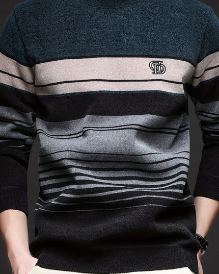 Men's Thick Fleece Sweater - Round Neck, Striped Knit Top